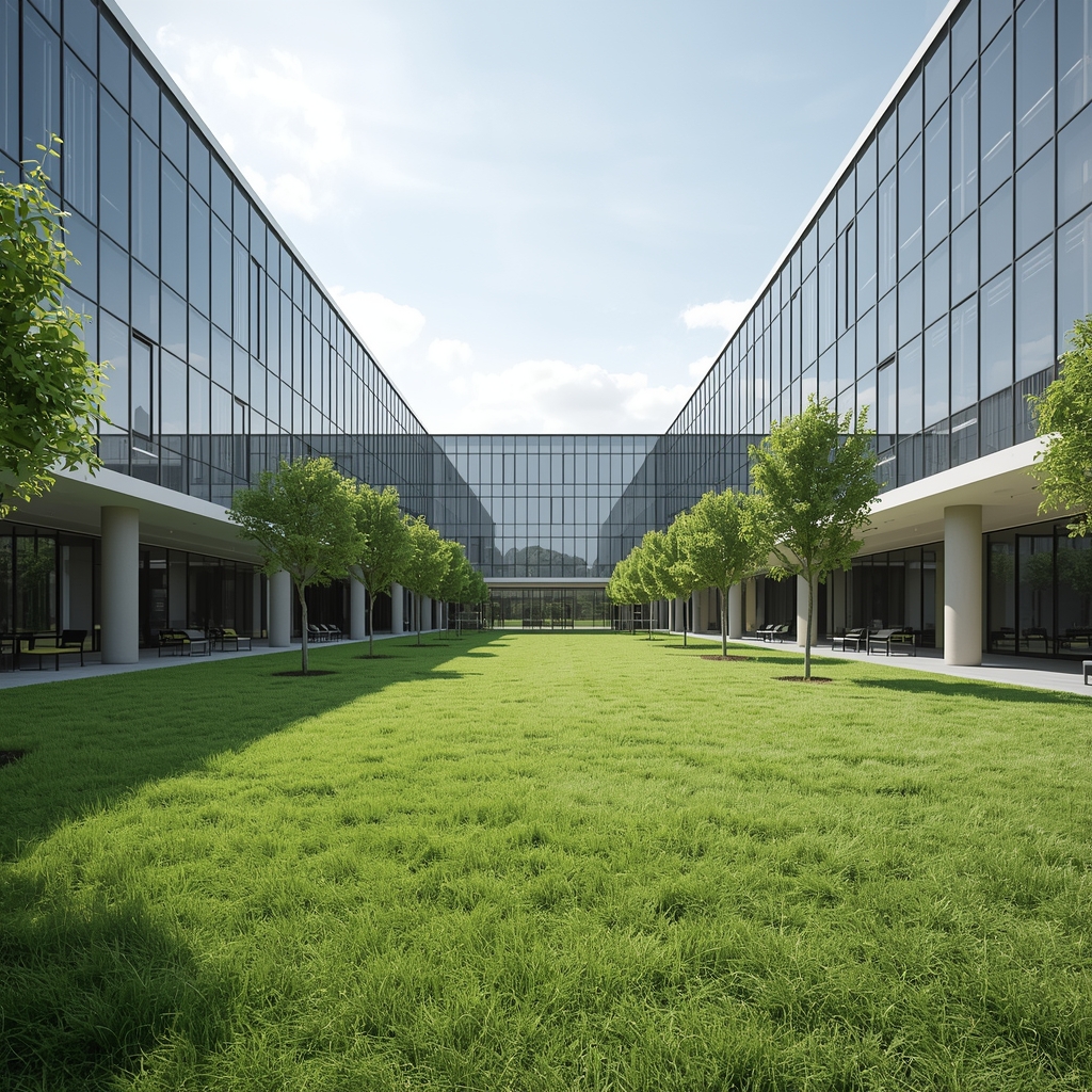 A beautiful modern college campus courtyard with glass administrative buildings, lush green grass, bright sunny day, architectural visualization, 8k resolution, Nano Banana2, absolutely no people in the scene, no women